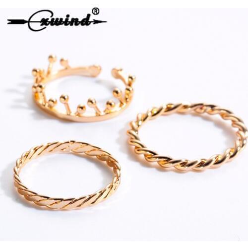 3Pce/Set Fashion Cross Twist Thin Band Gold Color Stacking Ring Set Minimalist Bead Rings Bohemian Knuckle Finger Around Jewelry