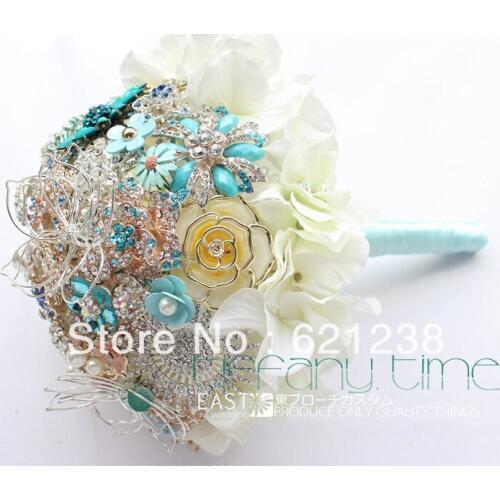 9 Inch Bridal wedding bouquet brooch / Hydrangea Bouquet / feather the sides, crystal, pearl bouquet / bridal bouquet blue