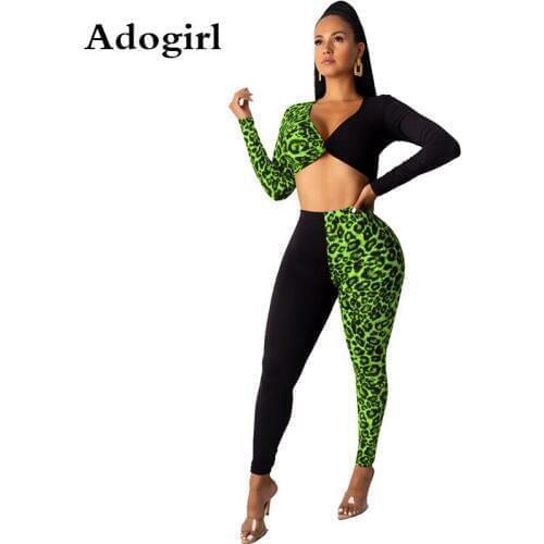 Adogirl Autumn Leopard Print Patchwork WomensTracksuit Long sleeve V-neck Short t-shirt Pencil Pants Suit Elegant Two Piece Set