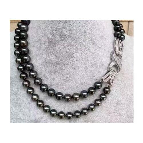 Free shipping >>>>noble jewelry double strands 9-10mm Freshwater black green pearl necklace 17.5-18.5inch