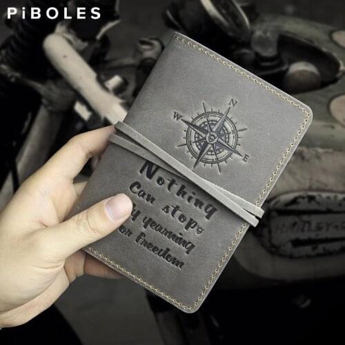 Crazy Horse Leather Passport Cover Handmade Genuine Leather Compass Pattern Credit Card Slot Passport Card Holder Wallet String