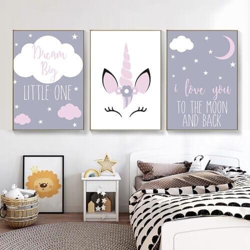 Unicorn Canvas Poster Baby Girl Cute Cartoon Nursery Quotes Wall Art Print Love You To The Moon Painting Nordic Kids Room Decor