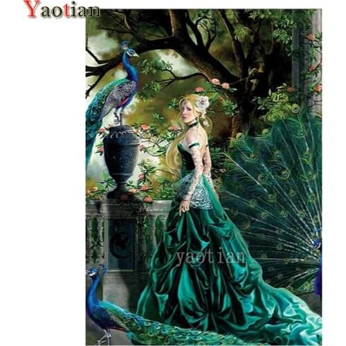 5D Diamond Painting Full Square Round Drill Girl And Peacock Flower Picture Needlework Embroidery Rhinestones Handmade Gift 2021