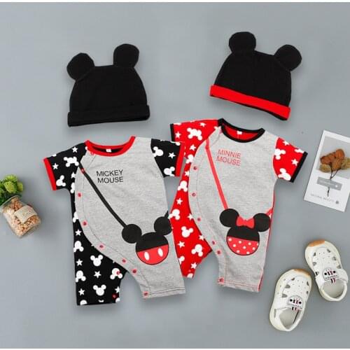 Summer Newborn Baby Short Sleeve Rompers+Hat 2Pcs Set Cartoon Mickey Minnie Boys Girl Jumpsuit Infant Costume Baby Clothes Suits