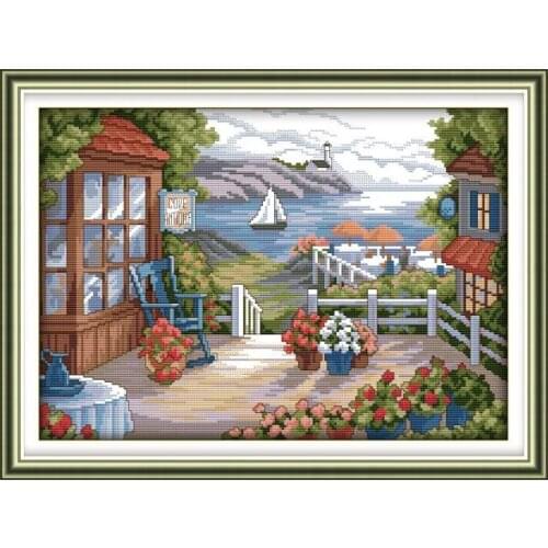 Joy Sunday Counted Cross Stitch Kit Terrace with Blooming Flowers 11CT 14CT Print Stamped Fabric Decor Embroidery Needlework Set