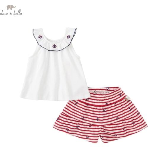 DB17274 dave bella summer baby girls cute cartoon striped clothing sets kids girl fashion sleeveless sets children 2 pcs suit