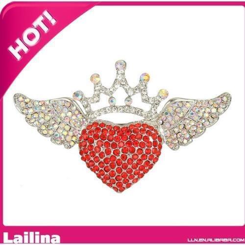 Heart Angel Wing Crown Brooch Red Austrian Crystal Silver-Tone