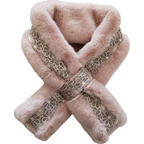 Hot Winter Plush Women Scarf Snood Warm Rabbit Faux Fur Lace Patchwork Cross Neck Collar Femme Muffler Wraps Encharpe Fular Szal