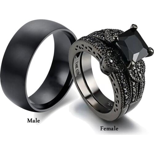 Charm Couple Rings Romantic Black Rhinestones Female Rings Set Simple Wide Stainless Steel Men Black Ring Wedding Band Jewelry