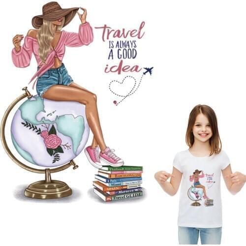 Patches Fashion Girl Travel Around The Earth New Washable Clothes Decoration Diy Accessory Print On T-Shirt Iron On Transfer