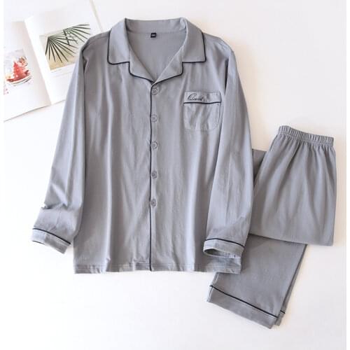 2021 New Knitted 100% Cotton Mens Pajamas 2-Piece Set Solid Soft Pajamas For Couples Long Sleeves Loose Homewear Male Sleepwear