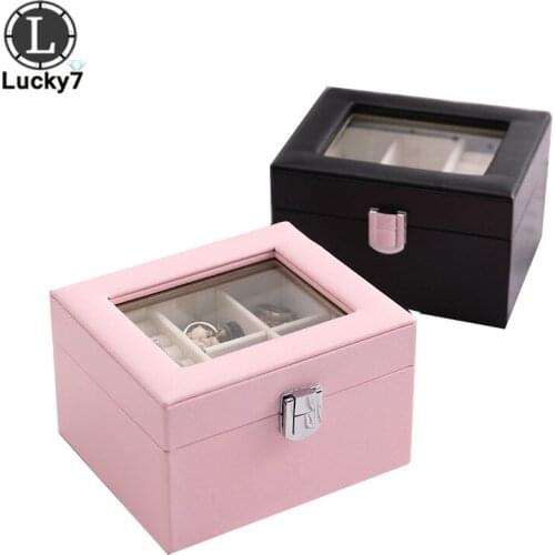 Wholesale Simple Large capacity Multi-function PU leather Jewelry Box Transparent Open Cover Double-layer Jewelry Storage Box