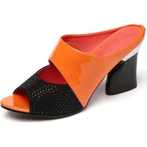 New Sweet Summer Rhinestone Mesh Genuine Leather Shoes Fashion Sandals Slippers Thick Heels Plus Size 41 42 Summer Women Sandals