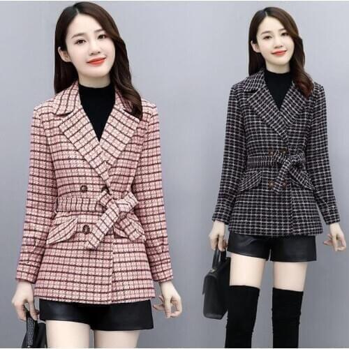 Woolen Coat Womens Autumn Winter Fashion Korean Short Lattice Wool Coat Outwear Female Office Casual elegant jacket Top R649