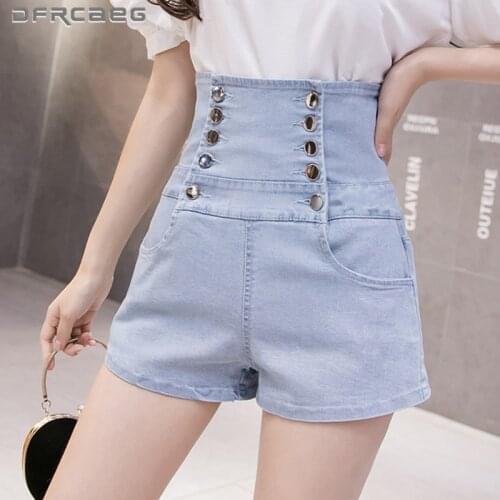 Double Breasted Stretch Denim Shorts For Women 2021 Streetwear Summer Slim High Waist Jean Short Femme Black