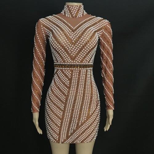 Tan Color Transparent Stretch Dress White Pearls Rhinestones Sexy Dance Stones Outfit Stage Performance Fashion Show Costume