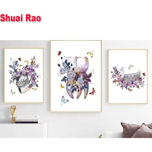 Triptych Tooth Implant 5d Picture crystal Square DIY diamond painting embroidery Diamond mosaic Skulll Flower Dental decoration