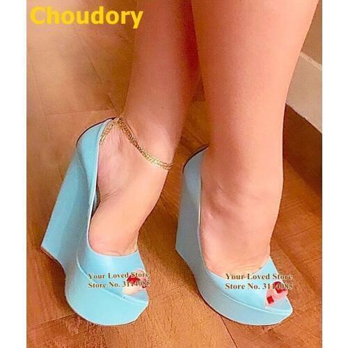 Choudory Turquoise Matte Leather Wedges Shoes Black Heel Color Patchwork Open Toe Platform Wedding Dress Shoes Dropship Size47
