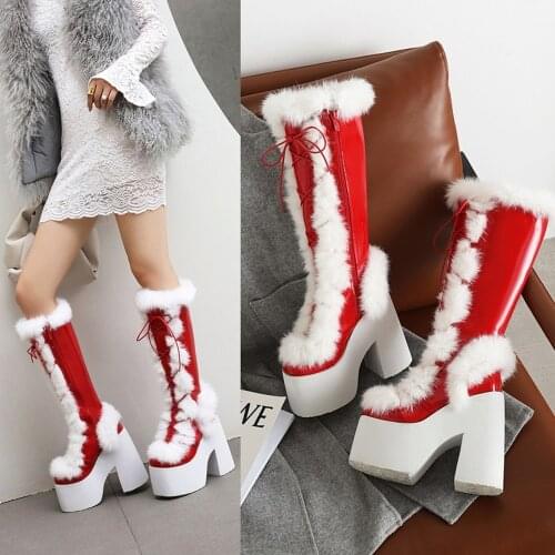 US4-11 Womens Real Rabbit Fur Furry Platform Knee Snow Thigh Boots Block Chunky High 15CM Heel Shoes Lolita White Plus SizeMA1