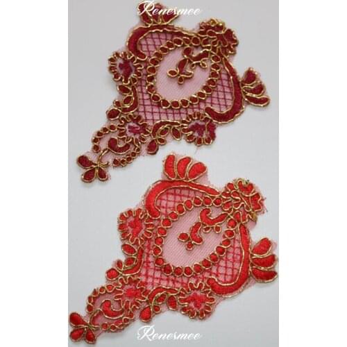 10Pcs Red Burgundy Gold Cord Outline Venise Lace Appliques Embroider Patch Wedding Dress Lace Decoration DIY 13X10cm SX222