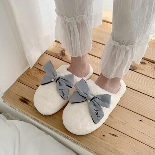 Women Winter Warm Home Slippers With Bow Indoor Shoes Faux Fur Furry Slippers For Girls Soft Hairy Slides Bedroom Slipper Shoes