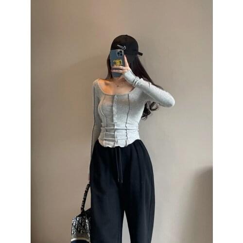 Women Exposed Seams Long Sleeve Top Curved Hem Fitted Long Sleeve T-shirt With Button Detail