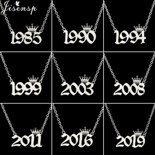 Fashion 1980 to 2019 Crown Year Number Charm Necklace for Women Girls Stainless Steel Old English Birthday Jewelry Collier Femme
