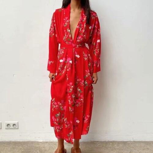 Ladies Festive Red Long Dress Kimono Long Sleeve Cardigan Floral Print Kimono Dress Fashion Holiday Dress