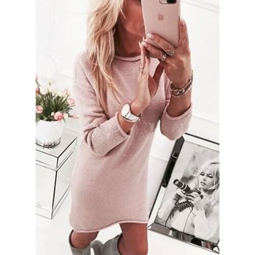 2020 Women Winter Solid O-neck Knitting Dress Curved Hem Casual Fashion Ladyies White Pink Red S-2XL Vintage Dress Fall Spring
