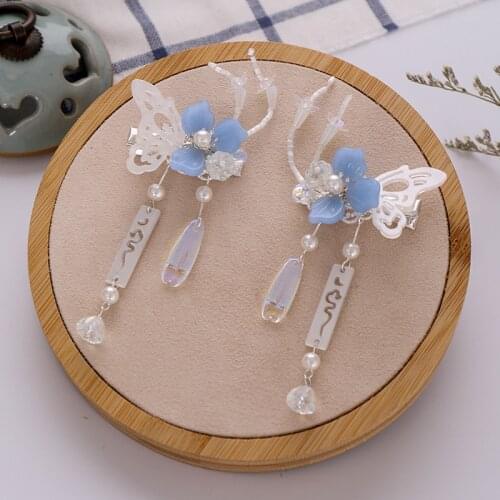 2 pcs Antique Blue Flower Butterfly Hair Clips Hanfu Bride Wedding Jewelry Handmade Hair Clip Accessory