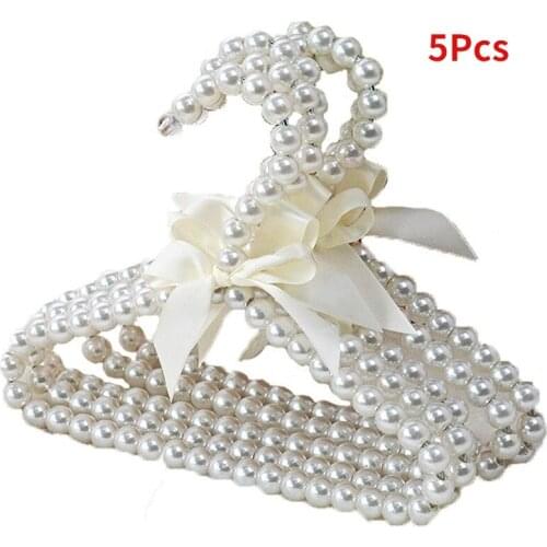 5Pcs Clothes Pearl Hanger Plastic Beaded Bow Clothes Hangers Kids Dress Coat Closet Wardrobe StorageOrganizer Dry Rack Storage