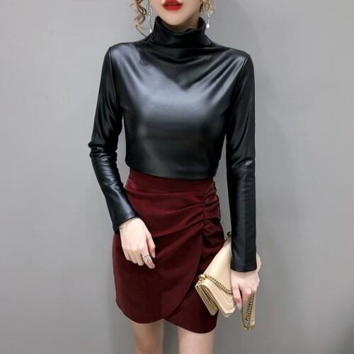 European punk plus size women blouse autumn turtleneck long sleeve tops shirt ladies velvet stretch camisas PU leather blouses