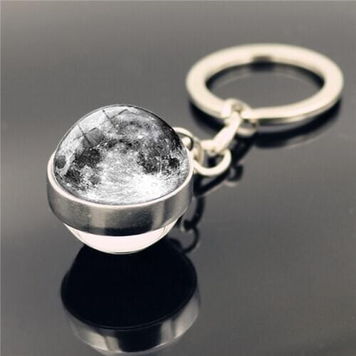 Moon Solar System Keychain with Glass Cabochon Double Side Glass Ball Keychain Planet Nebula Space Galaxy Universe Keyrings
