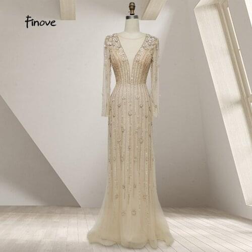 Finove 2021 Luxury Beadings Long Sleeves Evening Gown For Women A-Line Formal Party Dress