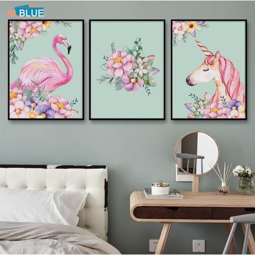Unicorn Flamingo Animal Nordic Style Canvas Art Print Painting Poster Wall Pictures For Living Room Flowers Scandinavian Decor