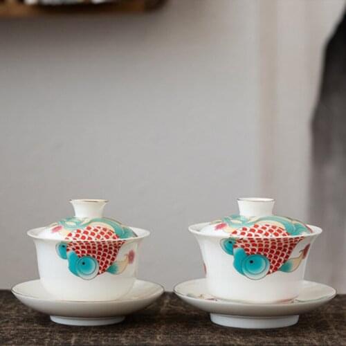Chinese Gaiwan Tea Set Kung Fu Anti-scald White Ceramic Porcelain Cartoon Fish Tea Cover Bowl with Lid Tea Cup Teaware