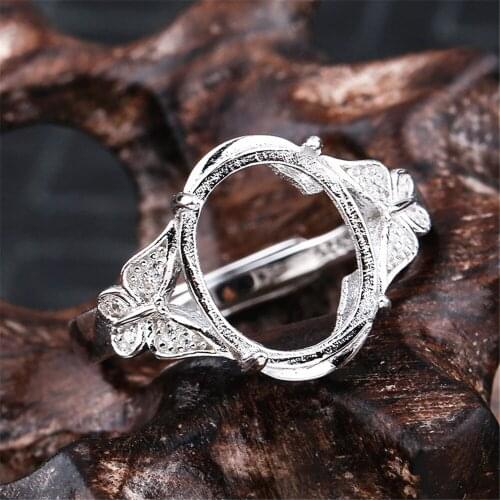 Ring Setting for 10x12mm Oval Cabochons White Gold Plated 925 Silver Zircon Adjustable Band Ring Blank JZ0024
