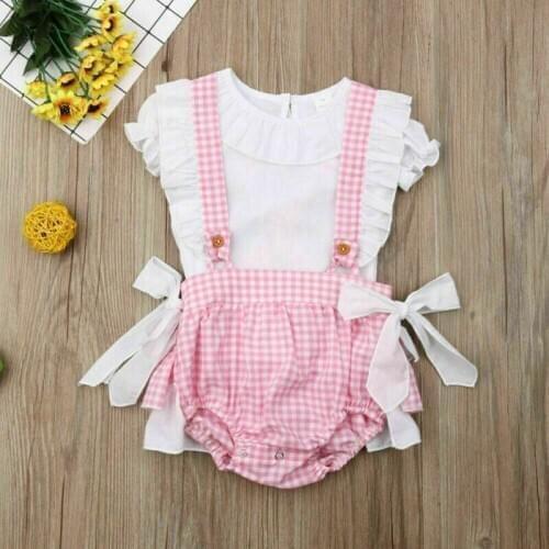 Newborn Infant Kids Baby Girls Summer Tops Plaids Shorts Overalls Outfit Clothes