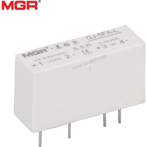 MGR GJ-5FA-L DC-DC Contact Pin PCB SSR Input 3-32VDC Output 5-220V DC 5A Solid State Relay DC-AC 3-32VDC 24-380VAC GJ-5-L