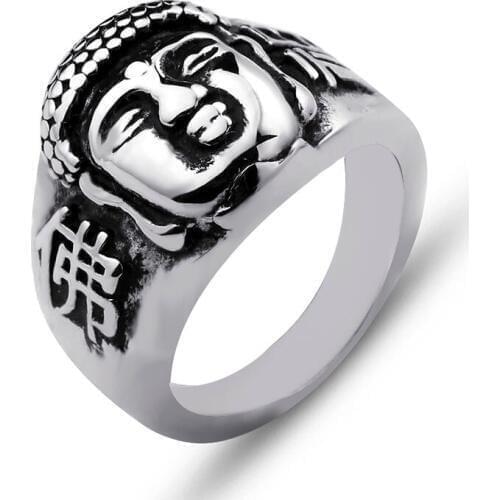 Valily Jewelry Mens Buddhism Ring Buddha Head Bless Ring Stainless Steel Fashion Silver Black Rings Band for Men US Size