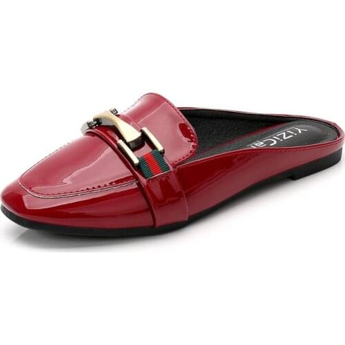 Brand Design Mules Shoes Women Lazy Low Heels Slippers Women Round Toe Slip On Half Slides Shoes Red Mule Slippers Female New