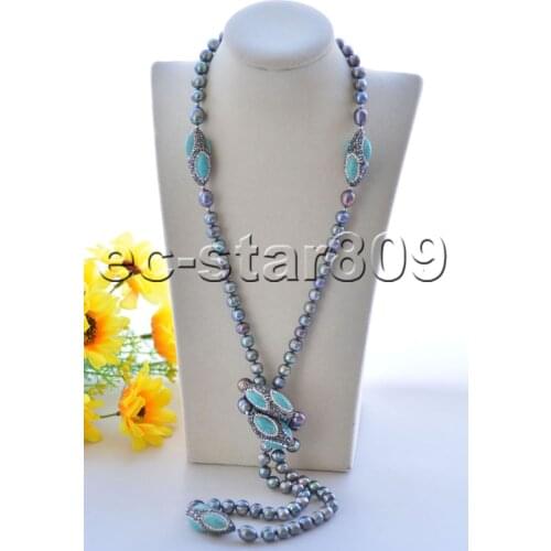 P7415 33"-100" Black Round Freshwater Pearl Turquoise Shuttle CZ Necklace Choker