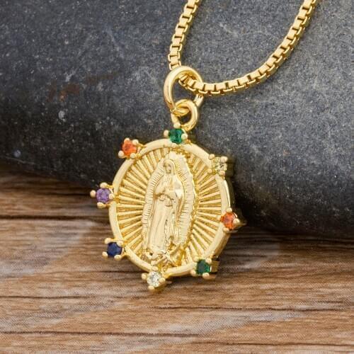 Gold Color Holy Virgin Mary Pendant Necklace Religion Dainty Christian Cubic Zirconia Necklace Women Collier Charm Jewelry Gifts