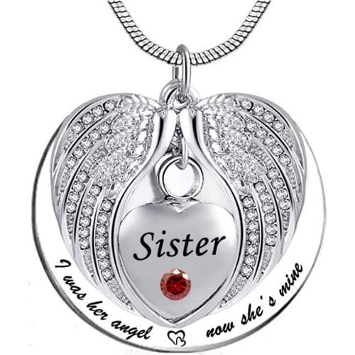 Angel Wing Memorial Keepsake Ashes Urn Pendant Birthstone crystal Necklace, I Was His/Her Angel Now Hes/Shes Mine -for sister
