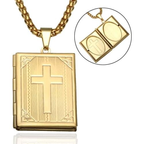 Gold Silver Color Cross Pendant Open Photo Frame Book Memory Necklace for Men Woman Charm Love Jewelry Accessories