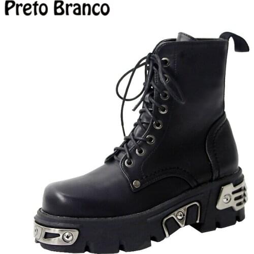 PRETO BRANCO Platform Motorcycle Womens Ankle Boots Lace-up Short Boots 2020 New Design For Autumn Winter XK-811