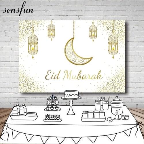 Ramadan Kareem Background Eid Mubarak Golden Sand Moon Islamic Hanging Lamps Backdrop White Vinyl Photophone Wallpaper Custom