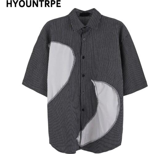 2021 Men Hip Hop Retro Striped Patchwork Shirt Streetwear Harajuku Shirt New Casual Summer Short Sleeve Shirt Loose Shirts Tops