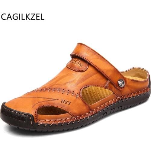 CAGILKZEL Summer Genuine Leather Outdoor Shoes Men Sandals Handmade Classic For Male Soft Walking Beach Sandalias Sandal Slides