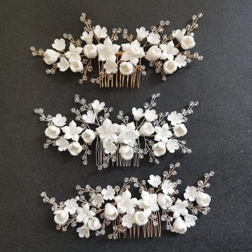 SLBRIDAL Handmade Crystal Rhinestone Pearls Ceramic Flower Bridal Hair Comb Wedding Hair Accessories Bridesmaids Women Jewelry